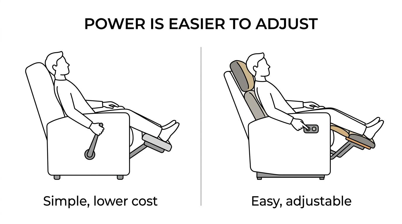 Side-by-side comparison of a manual recliner and a power recliner, highlighting operation, adjustability, support features, standing ease, outlet needs, repair complexity, and price.