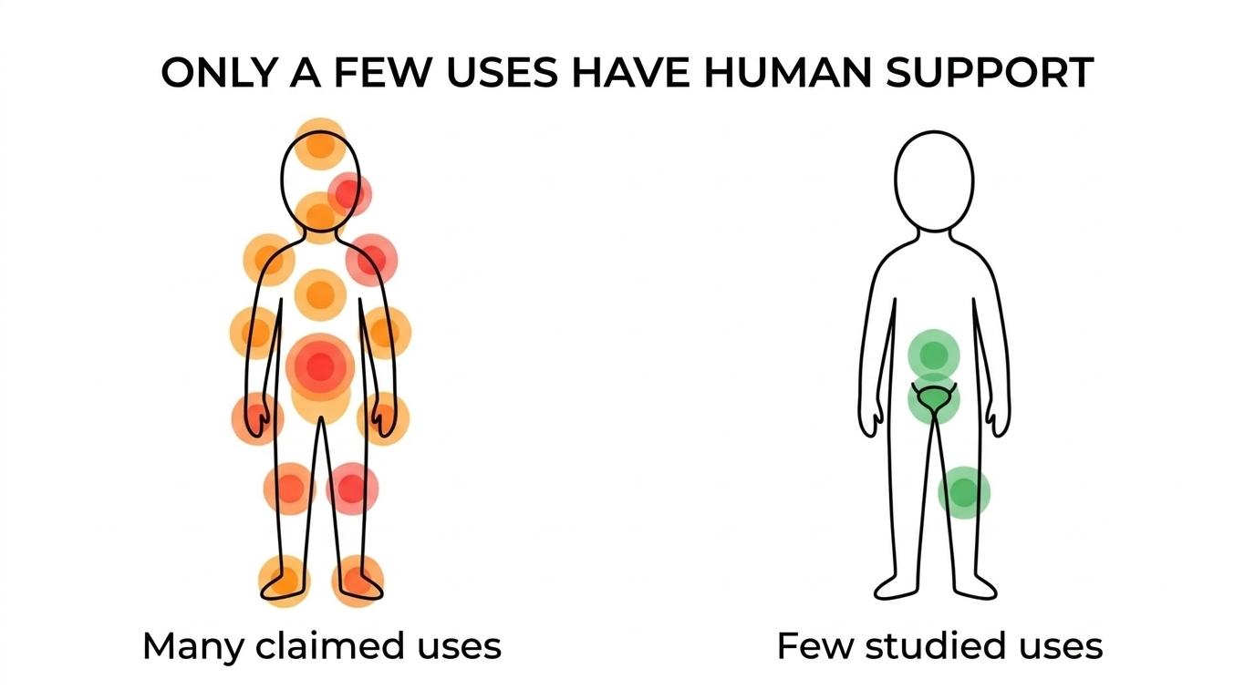 Side-by-side comparison of BPC-157 uses with limited human support versus common claims supported mainly by animal studies or extrapolation.
