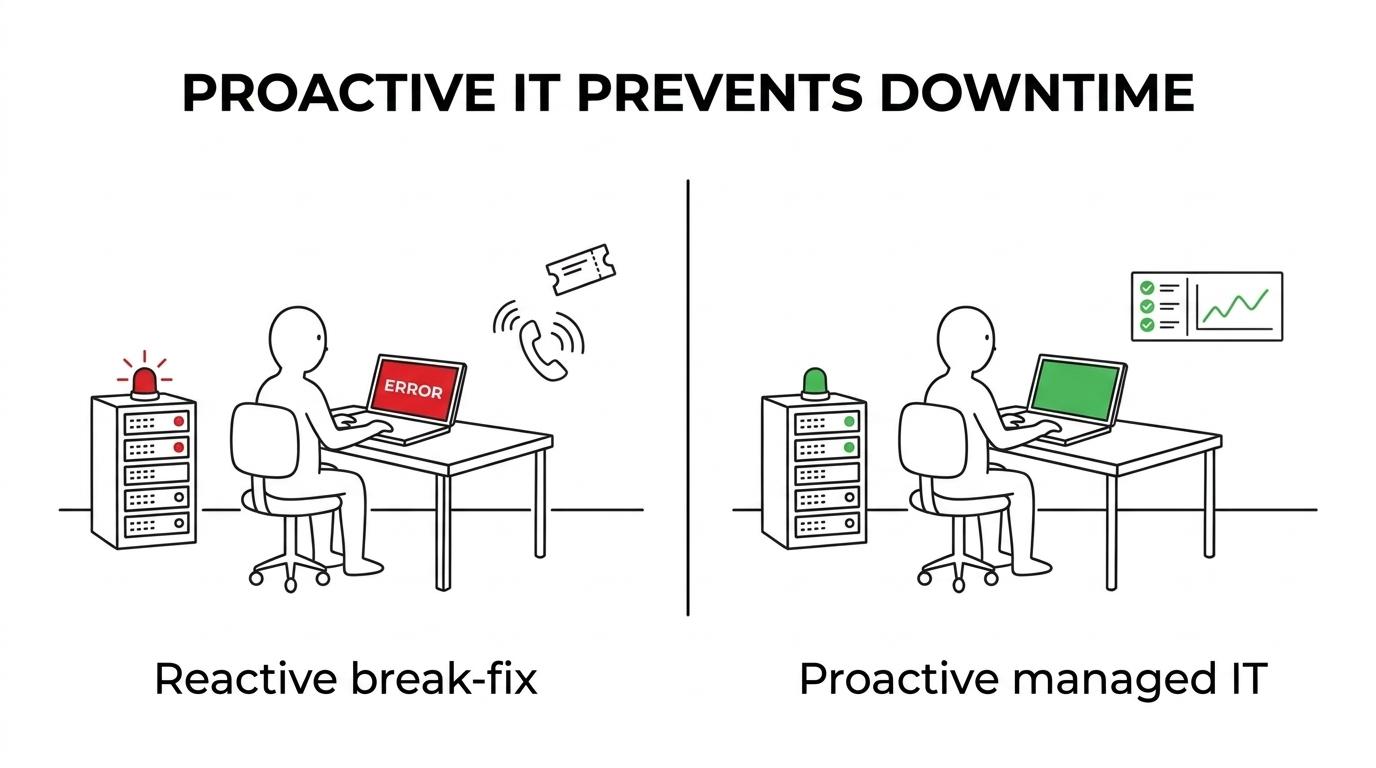 Side-by-side comparison of break-fix IT support and proactive managed IT across downtime, security, planning, response, and cost predictability.