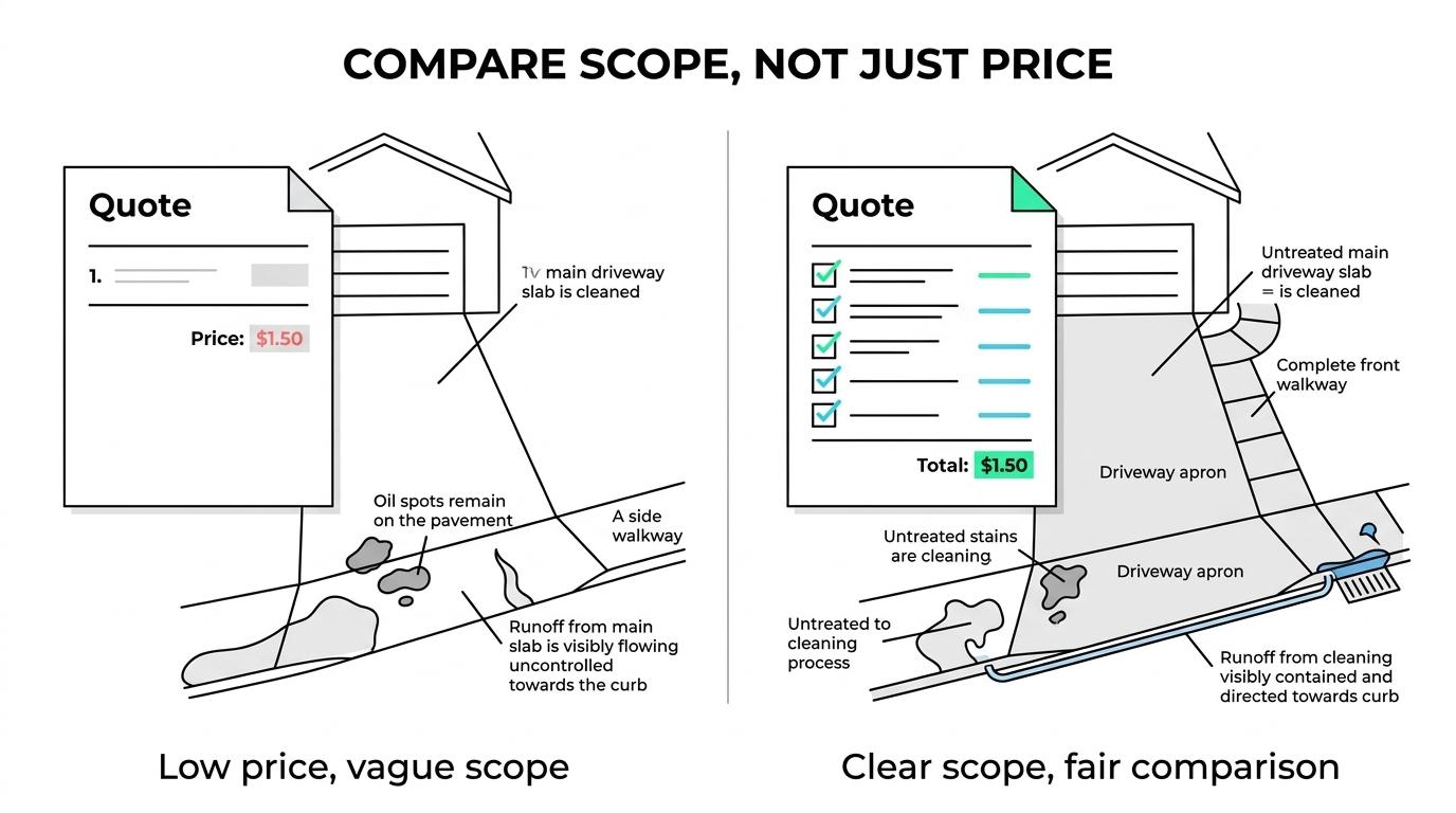 Side-by-side driveway cleaning quotes showing a low-price estimate with exclusions versus a higher-price estimate with stain treatment, runoff control, and add-ons included.