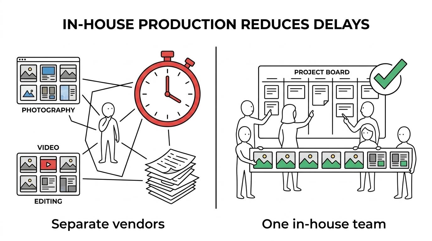 Side-by-side comparison of fragmented outsourced photography workflow versus one coordinated in-house corporate production team.