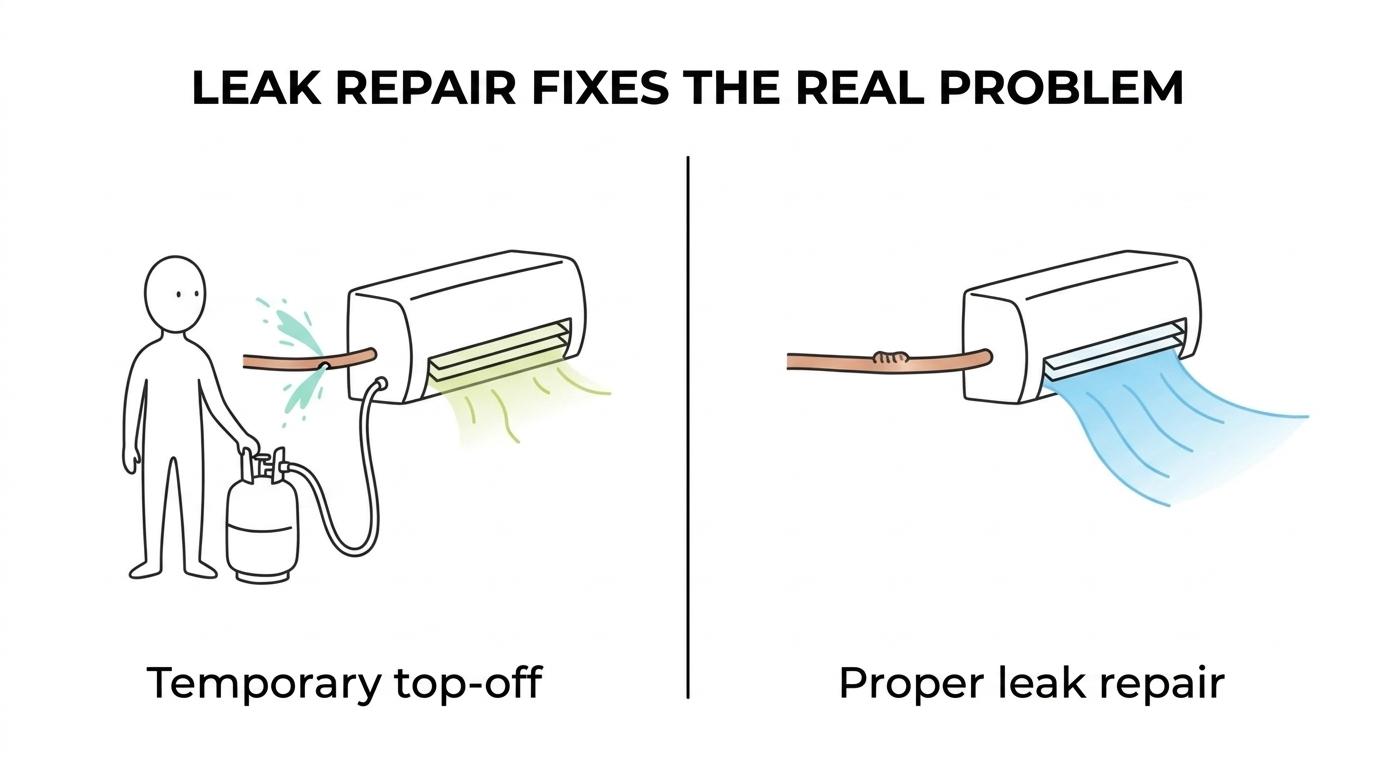 Side-by-side comparison of topping off refrigerant versus locating and repairing the leak, showing temporary cooling on one side and lasting system performance on the other.