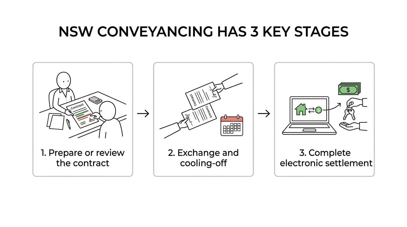 A timeline of NSW conveyancing steps from contract preparation or review through exchange, cooling-off, finance and signing, to electronic settlement.