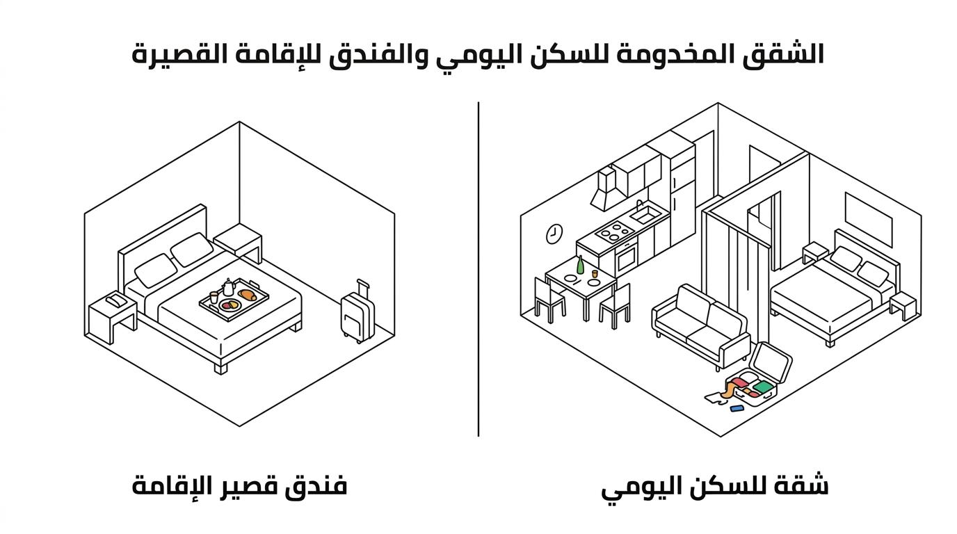 مقارنة جنبًا إلى جنب بين شقة مخدومة وفندق تقليدي توضح المساحة والمطبخ والخصوصية ومدة الإقامة المناسبة.