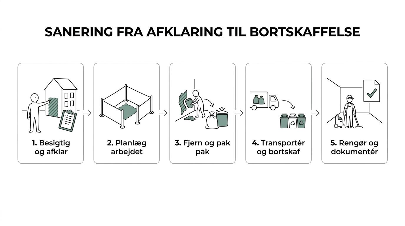 Procesoversigt over et saneringsforløb fra forundersøgelse og prøveudtagning til fjernelse, affaldshåndtering og dokumentation.