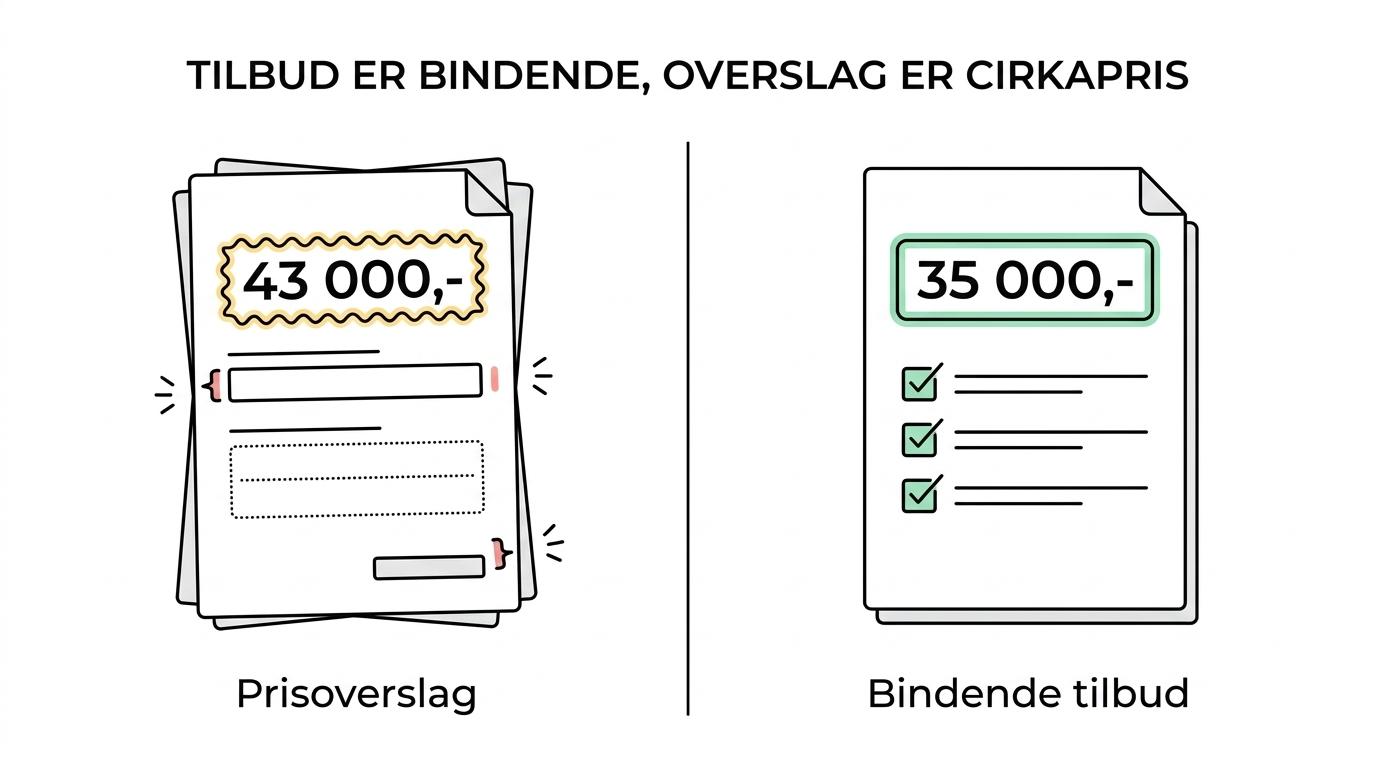 Side-by-side sammenligning af et bindende renoveringstilbud og et prisoverslag med forskelle i fast pris, omfang og forbehold.