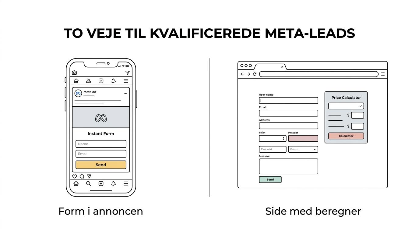 Sammenligning af to Meta Ads-opsætninger: Instant Forms direkte i annoncen versus klik til landingsside eller prisberegner.