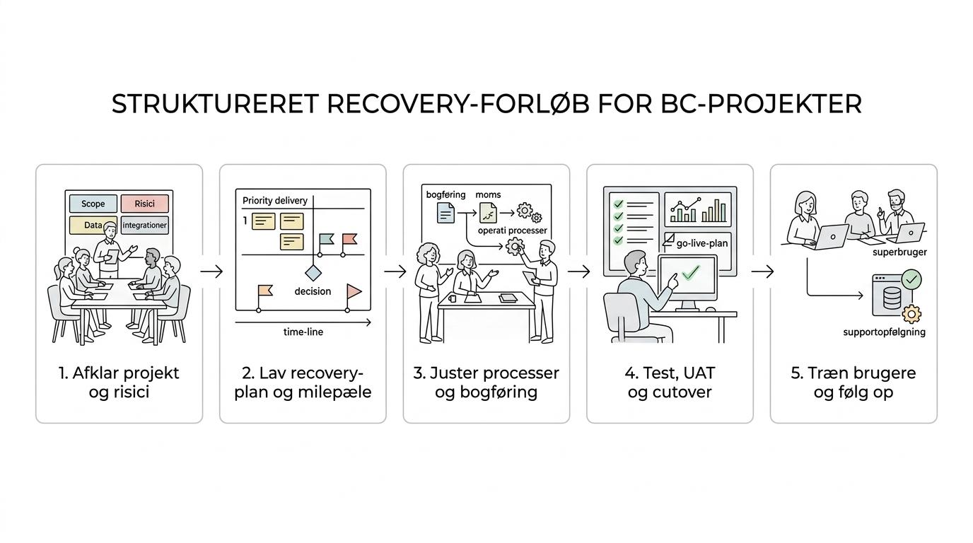 Femtrinsforløb for Business Central-projektredning fra diagnose og recovery-plan til procesworkshops, test, cutover og drift efter go-live.