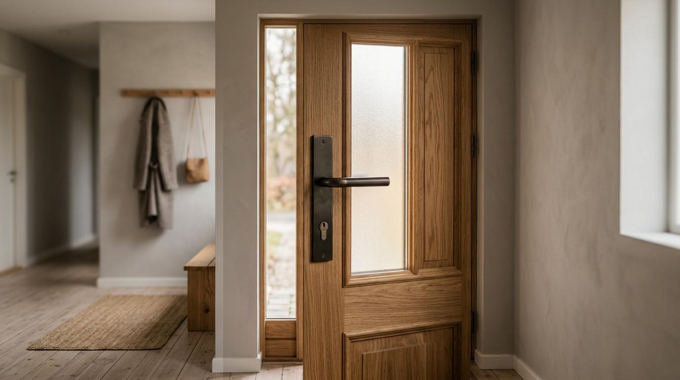 Custom front door with frosted glass panel and matching frame, shown on a house facade with soft daylight coming into the entry.