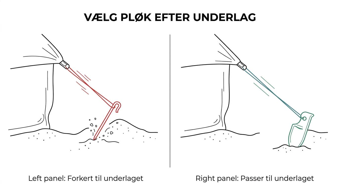Sammenligning af Y-peg, V-peg, X-peg og bred sand- eller snepløk med de underlag, de passer bedst til.