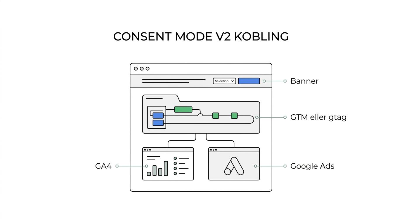 Diagram over en webshop-opsætning, hvor cookiebanner sender fire Consent Mode v2-signaler videre til GTM, GA4, Google Ads og remarketing.