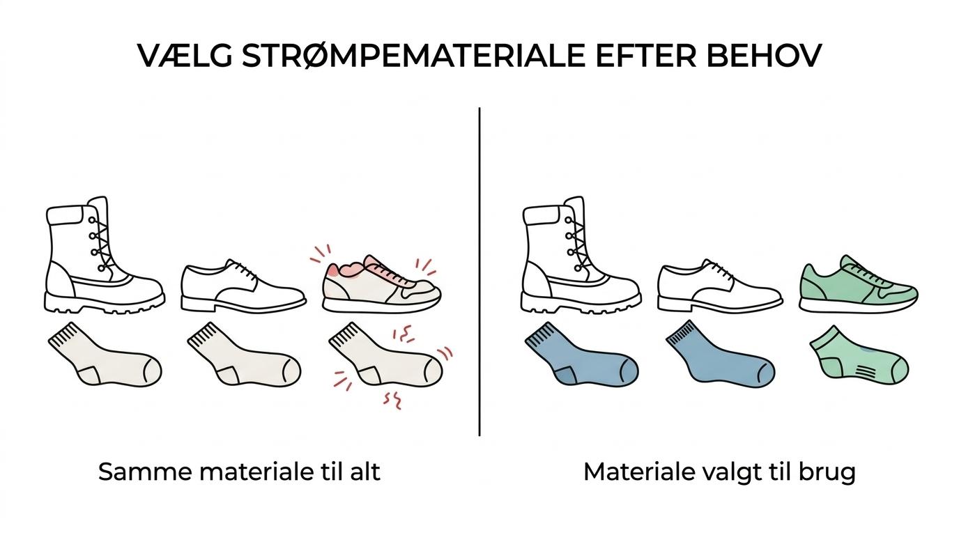 Sammenligning af uldsokker, merino og bambusstrømper med fokus på varme, blødhed og typisk brug.