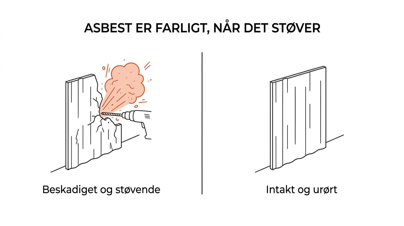 Sammenligning af intakt asbestmateriale i en bolig med beskadiget materiale, der frigiver støv ved boring og nedrivning.