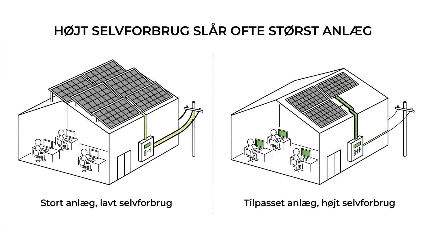 Side-by-side comparison of a roof-maximized solar setup with high export and a load-matched setup with higher self-consumption and a stronger business case.