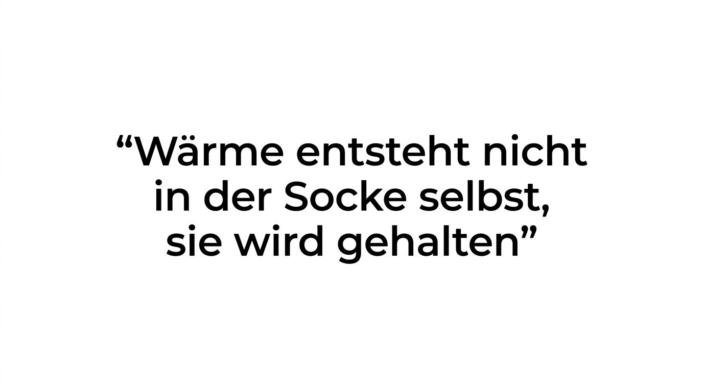 Highlighted quote visual with the sentence: Wärme entsteht nicht in der Socke selbst, sie wird gehalten.