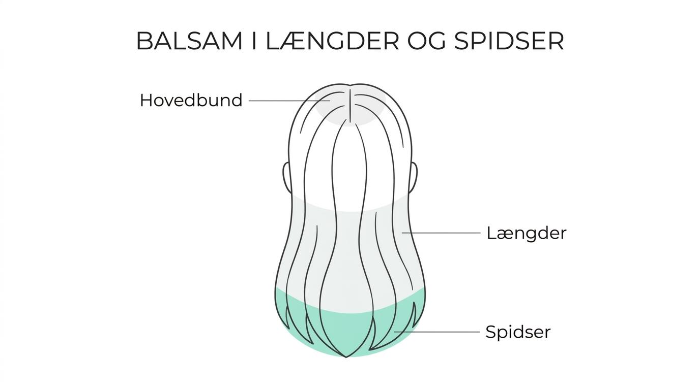 Diagram of hair divided into scalp, mid-lengths, and ends, showing shampoo on the scalp and conditioner on the lengths and tips.