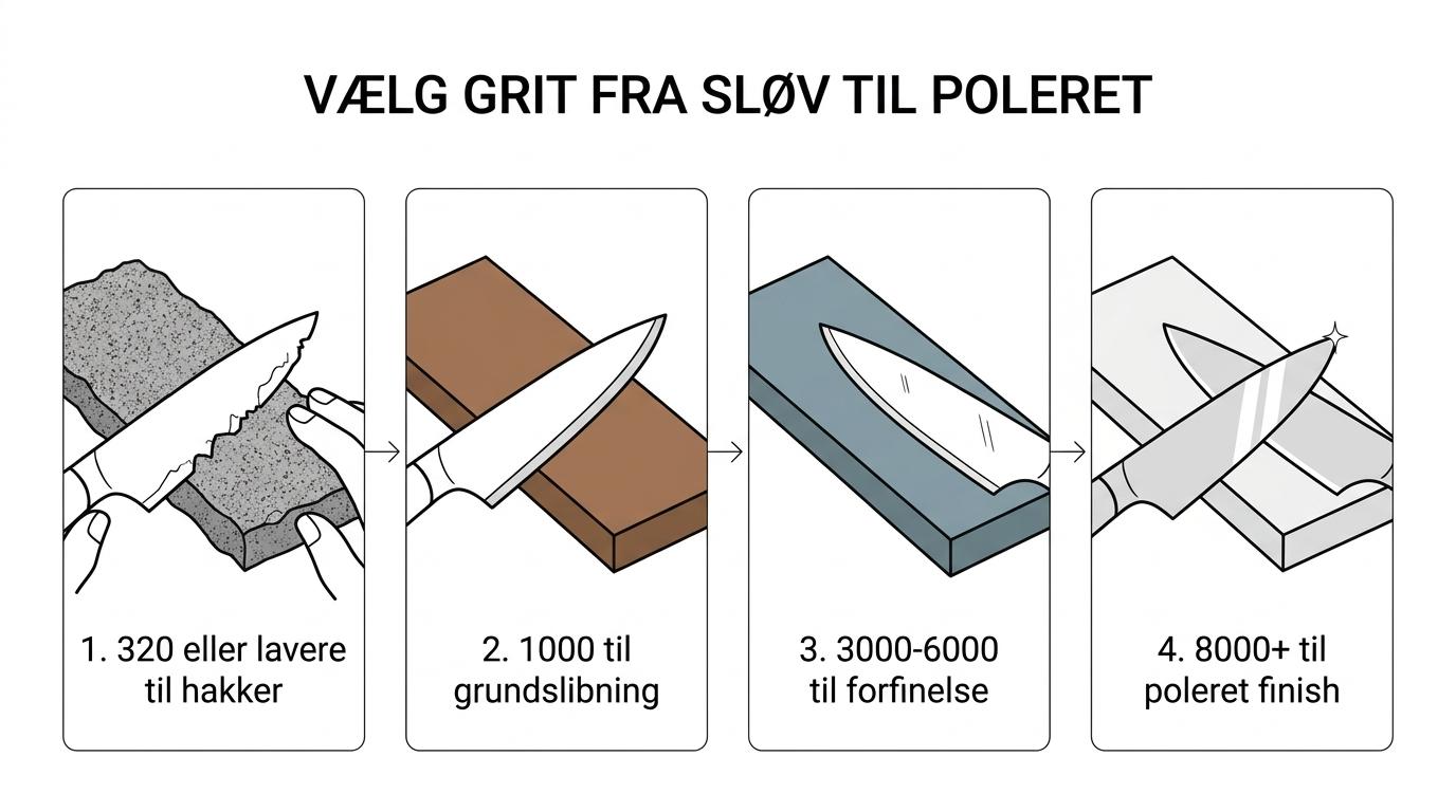 Trinvis oversigt over Shapton grit fra grov sten til fin finish på køkkenknive.