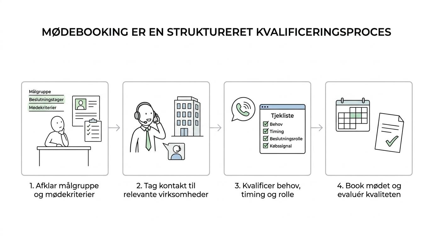 Fire-trins proces for mødebooking til hardwarevirksomheder fra målgruppeafklaring til booking, rapportering og evaluering.