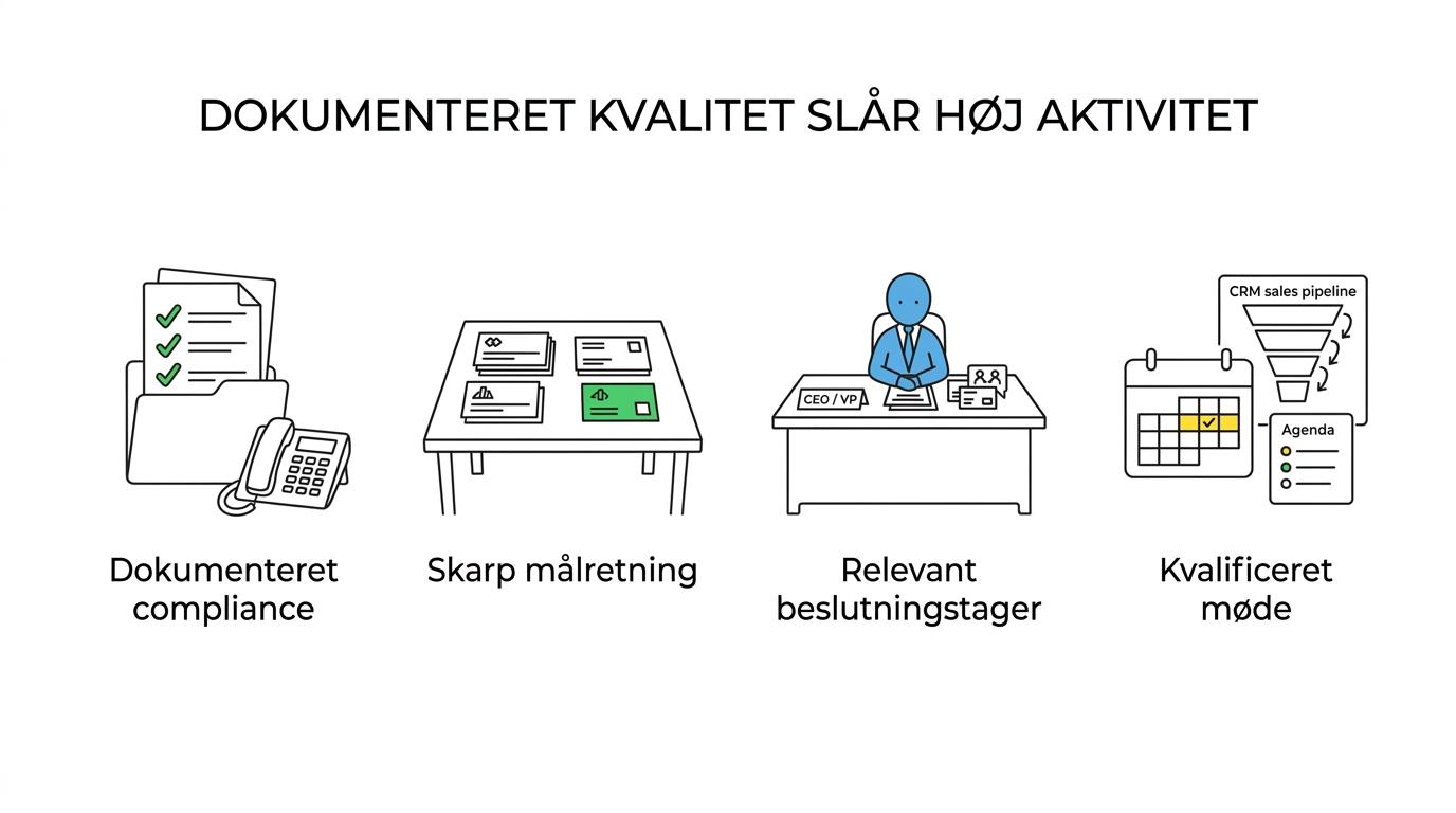 Oversigt over de vigtigste kriterier til at vurdere salgsbureauer i Aarhus, herunder compliance, målgruppevalg, kvalificering, processtyring, rapportering, brancheforståelse og samarbejdsmodel.