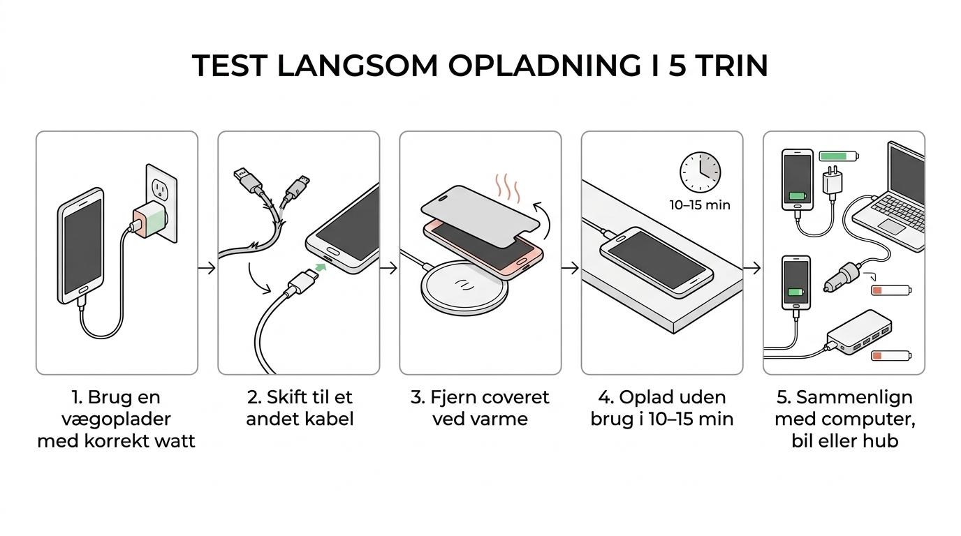 Trinvis test af langsom telefonopladning med oplader, kabel, cover og kort opladningsmåling.