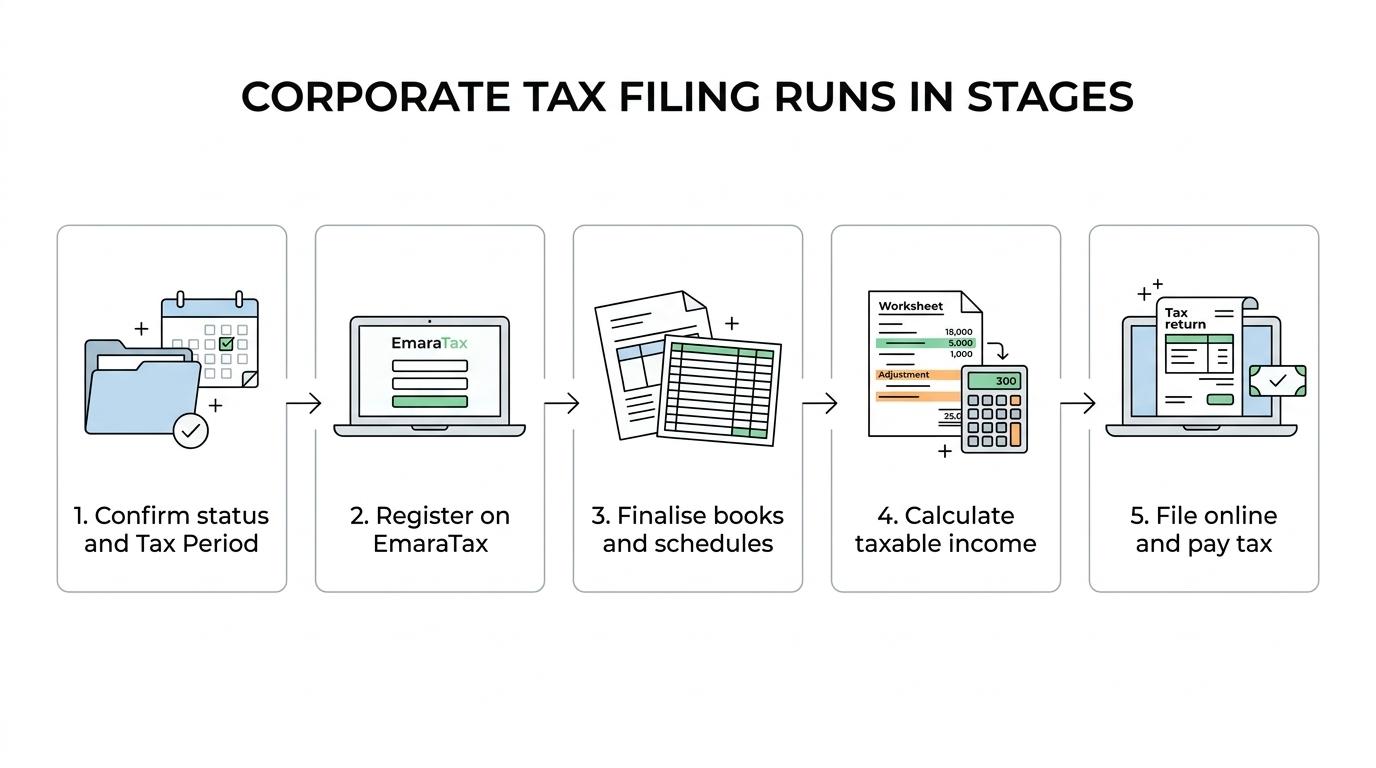 A step-by-step flow showing UAE corporate tax filing from tax status confirmation and registration to book close, tax adjustments, EmaraTax submission, and payment.