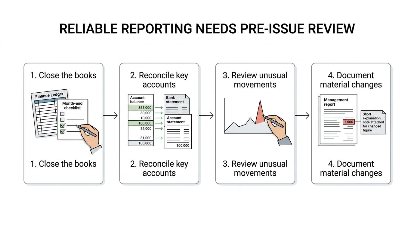 Step-by-step flow showing month-end close, reconciliations, ledger review, variance analysis, and final management reporting.