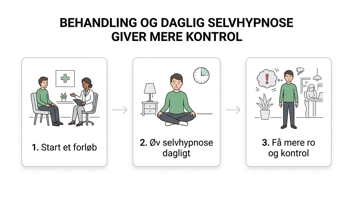 Et enkelt procesdiagram, der viser et angstforløb med behandling, daglig selvhypnose hjemme og bedre håndtering af svære situationer.