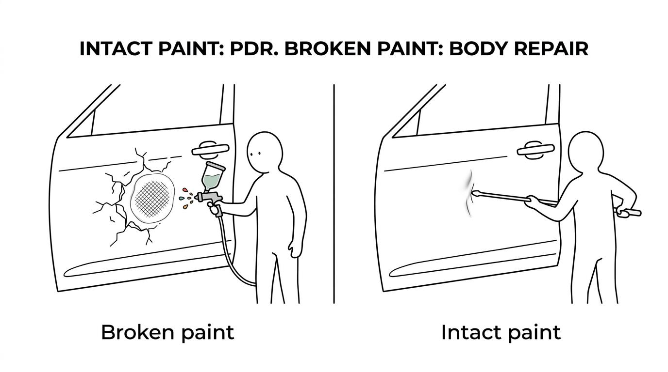 Side-by-side car dent examples showing intact paint suited for paintless dent repair versus cracked paint and heavier damage requiring body repair.