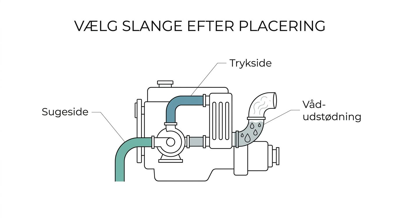 Diagram af en bådmotors kølekreds med lukket ferskvandskreds, råvandskreds, pumpe, varmeveksler og markerede slangetyper ved sugeside, trykside og våd-udstødning.
