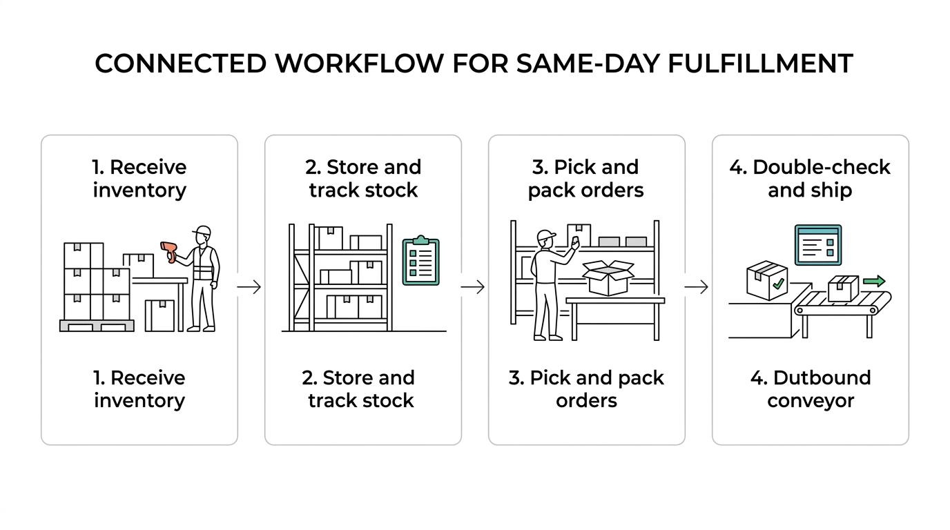 Process diagram showing inventory receipt, storage, order picking, double verification, packing, and same-day shipping.