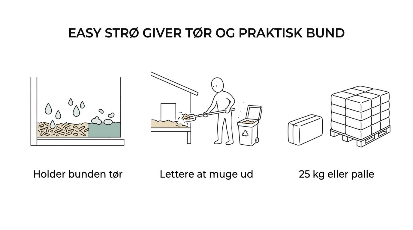 Visuelt overblik over Easy Strøs vigtigste egenskaber: høj absorbering, tør bund, mindre støv, nem udmugning og valg mellem 25 kg og palle.