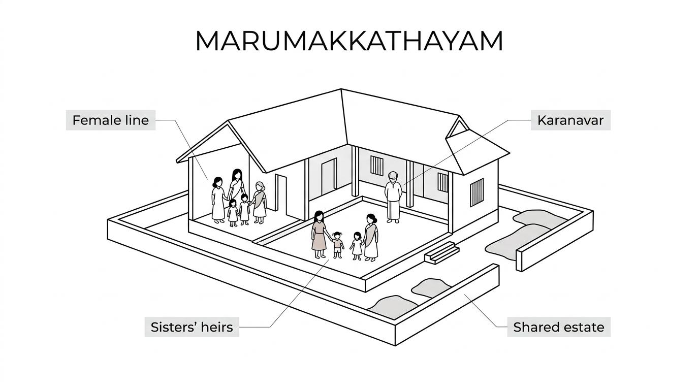 Labeled diagram of a Kerala taravad showing descent through women, shared family property, the karanavar, and inheritance to sisters’ children.