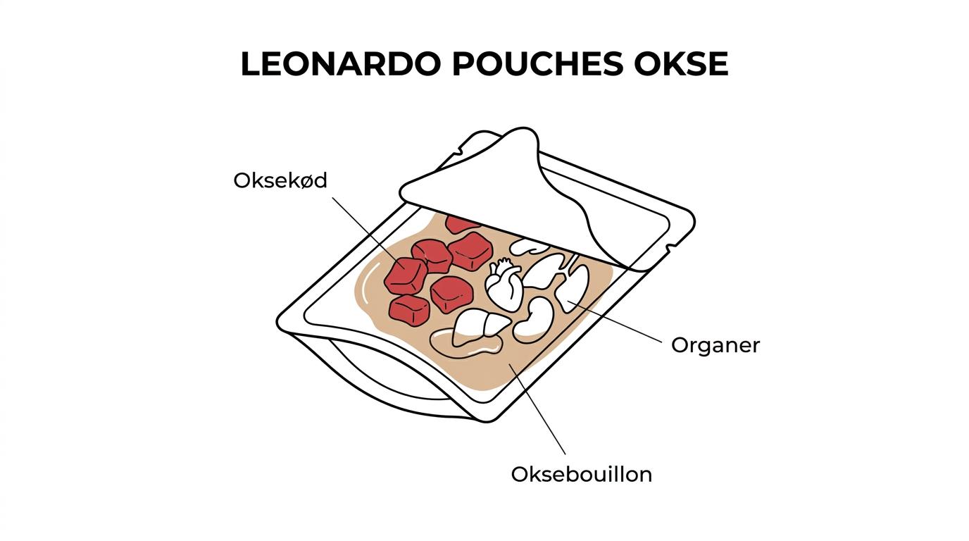 Labeled breakdown of Leonardo Pouches Okse 85 g showing beef and organ meats, beef broth, minerals, salmon oil, and key nutrition details.