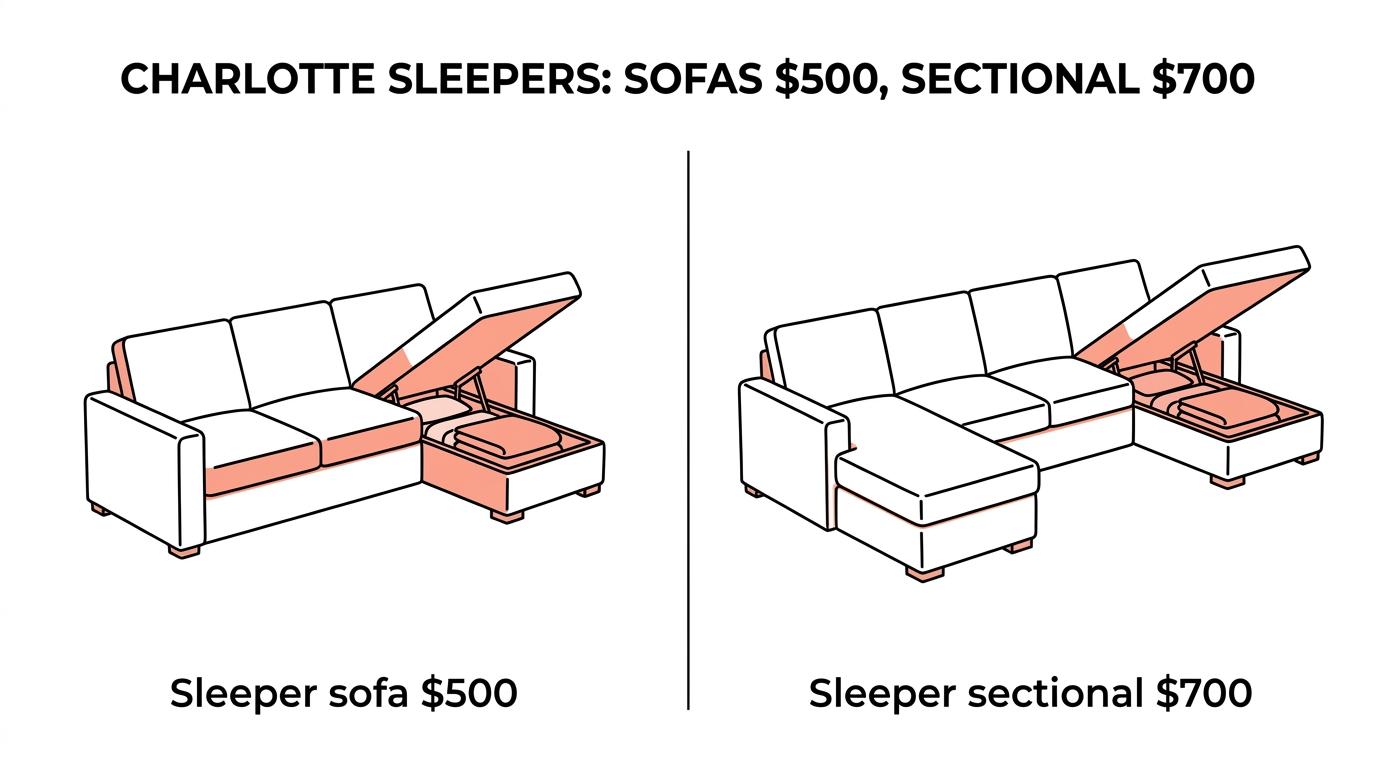 Side-by-side comparison of two $500 sleeper sofas and one $700 sleeper sectional, each with reversible chaise and storage.
