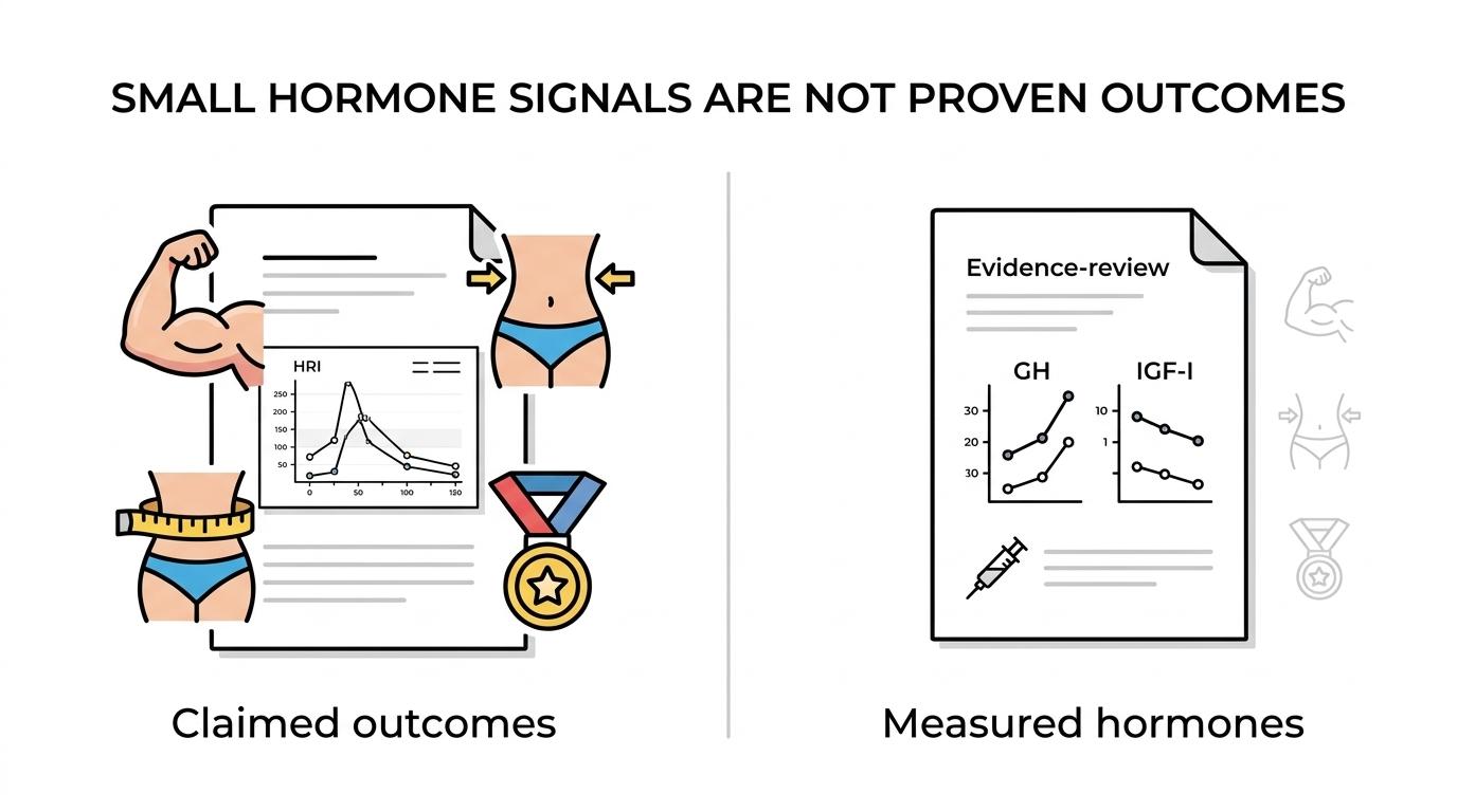Side-by-side comparison showing what CJC-1295 human studies measured versus outcomes that remain unproven.