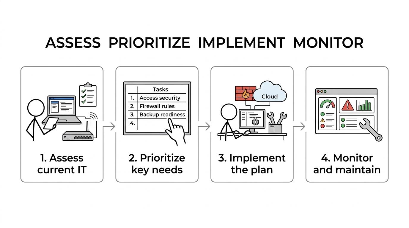 A four-step IT consulting workflow showing assessment of the current environment, prioritization of risks and needs, implementation of improvements, and ongoing monitoring and review.
