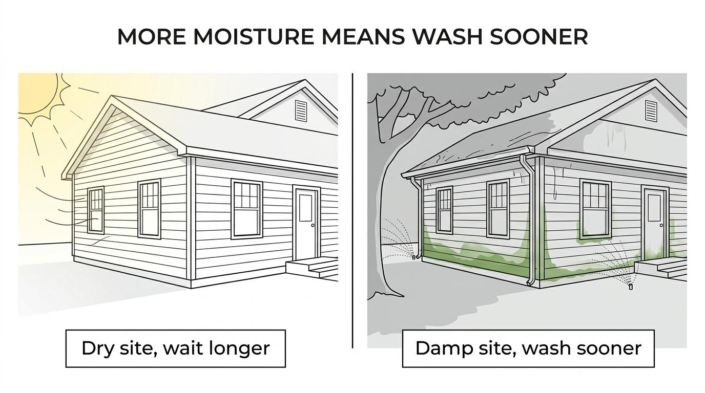 Side-by-side comparison of a sunny open-lot home that stays cleaner longer and a shaded damp home that develops algae sooner, with shorter and longer soft-wash intervals shown.