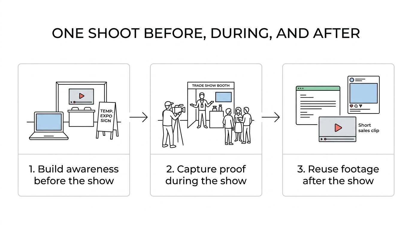 A three-stage trade show video process showing pre-show promotion, on-floor booth engagement, and post-show follow-up content.