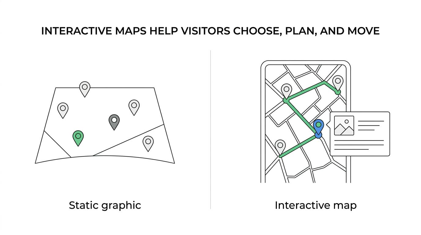 Side-by-side view of a static destination map graphic versus an interactive visitor map with clickable points, routes, media, and booking links.