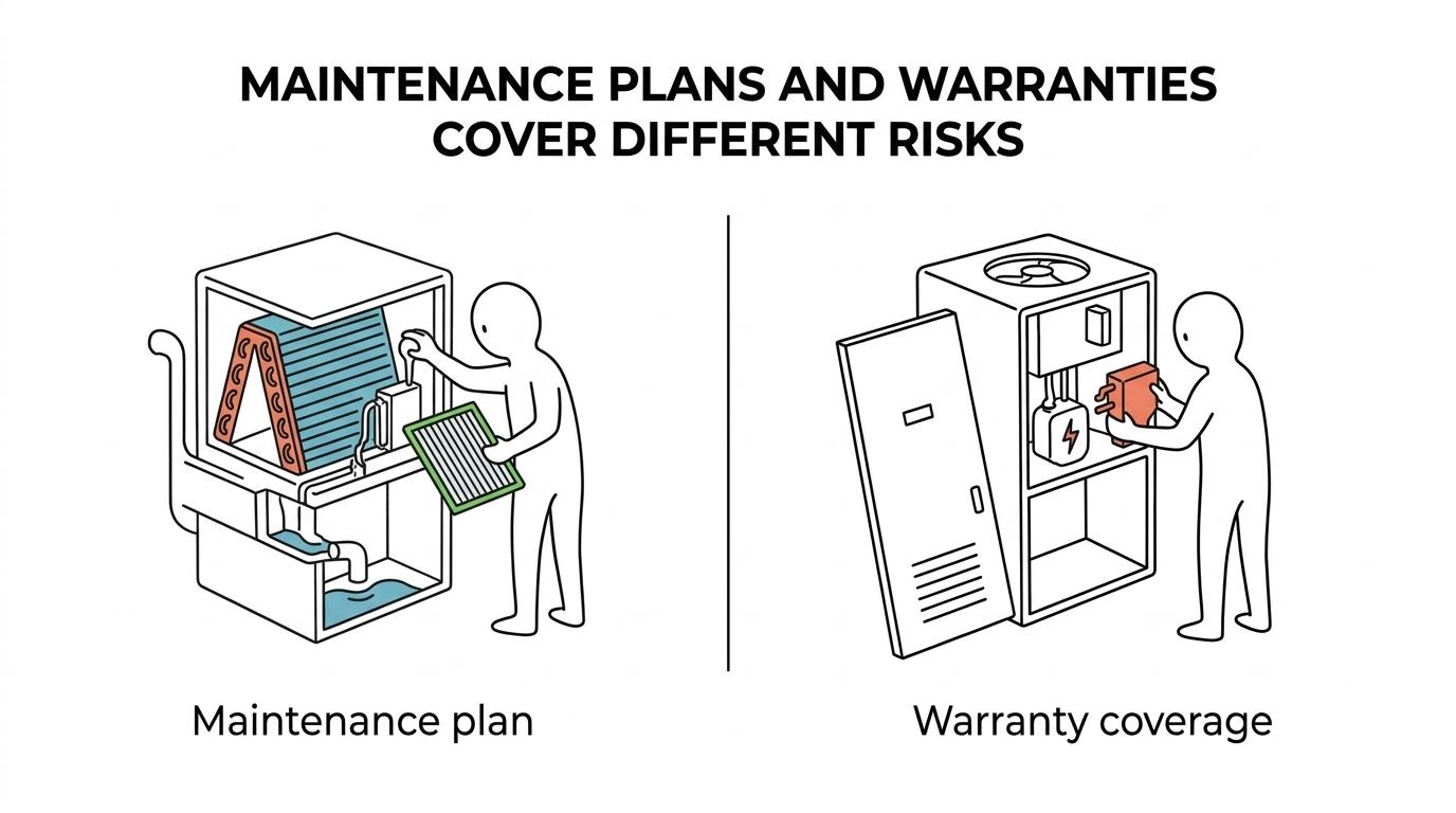 Side-by-side comparison of an HVAC maintenance plan, manufacturer warranty, and home warranty, showing preventive service, parts coverage, service fees, and exclusions.