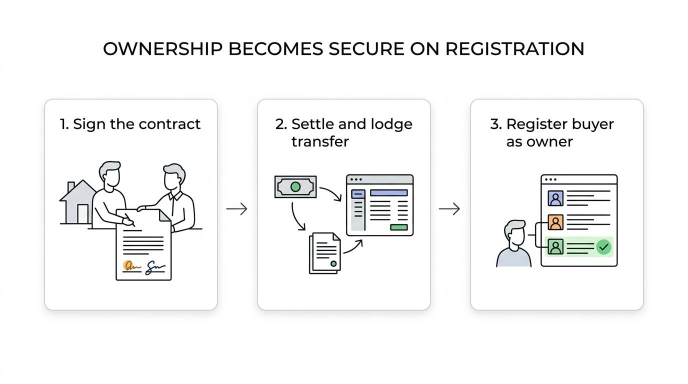 Flow showing a NSW home purchase moving from contract review and settlement to electronic lodgment, registration, and secure ownership under the Torrens system.