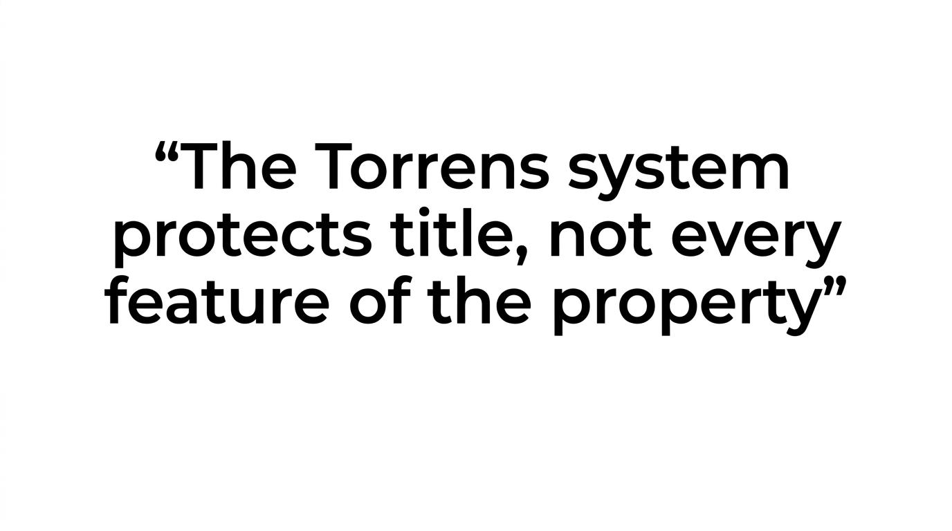 Highlighted quote stating that the Torrens system protects title, not every feature of the property.