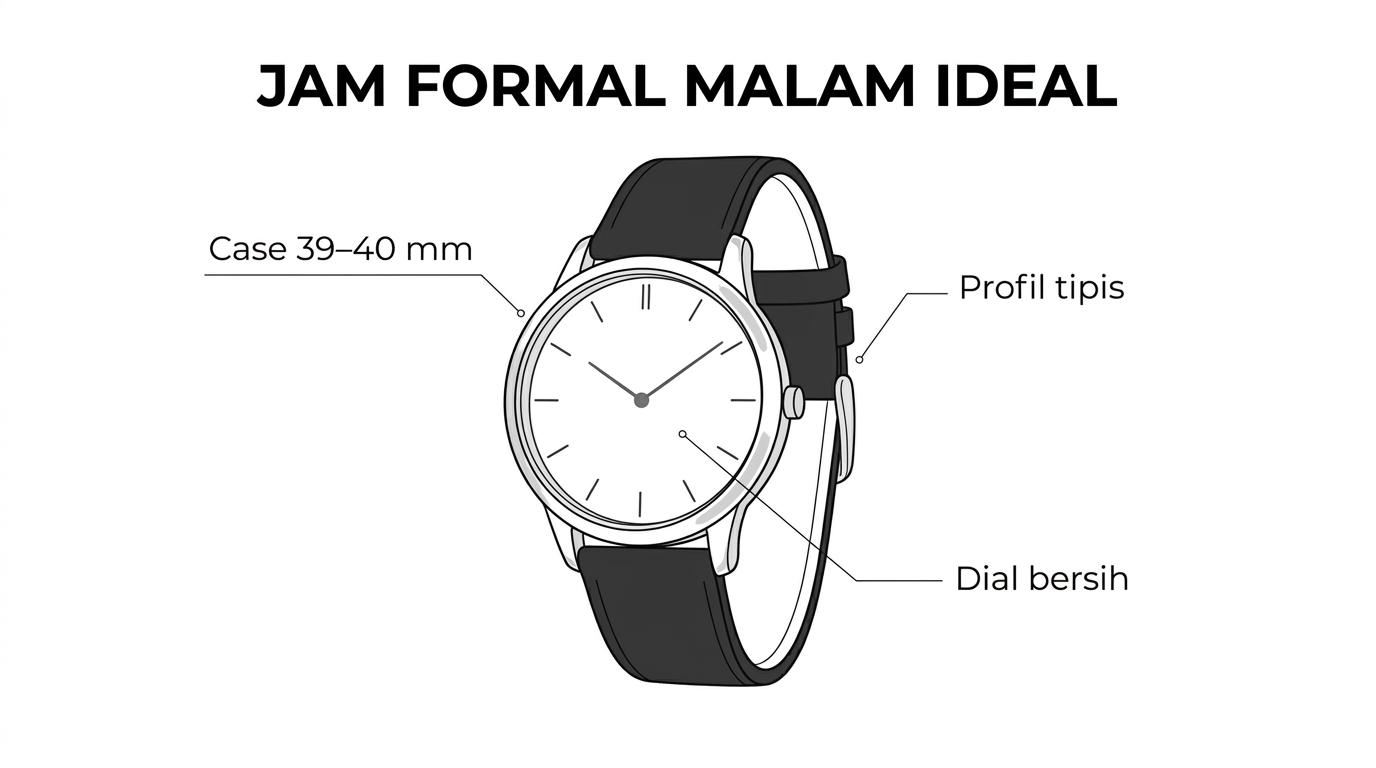 Diagram jam tangan dress watch pria dengan label diameter 39–40 mm, case tipis di bawah 10 mm, dial bersih, dan strap kulit gelap.