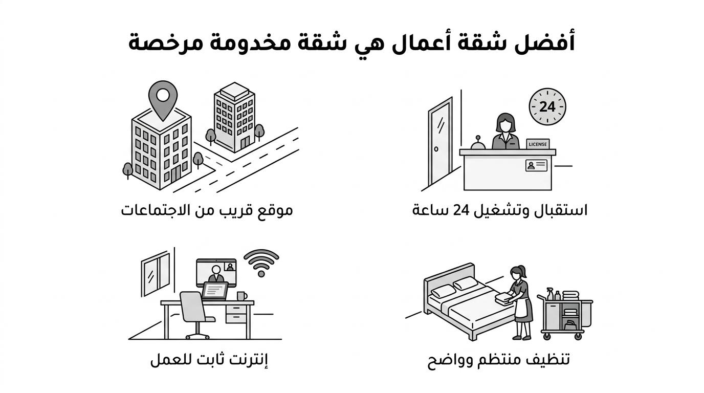 ملخص بصري لسبع مزايا أساسية في شقق الأعمال: الموقع، استقبال 24/7، إنترنت ثابت، تنظيف دوري، مساحة عمل، مواقف، ومرونة الإقامة.