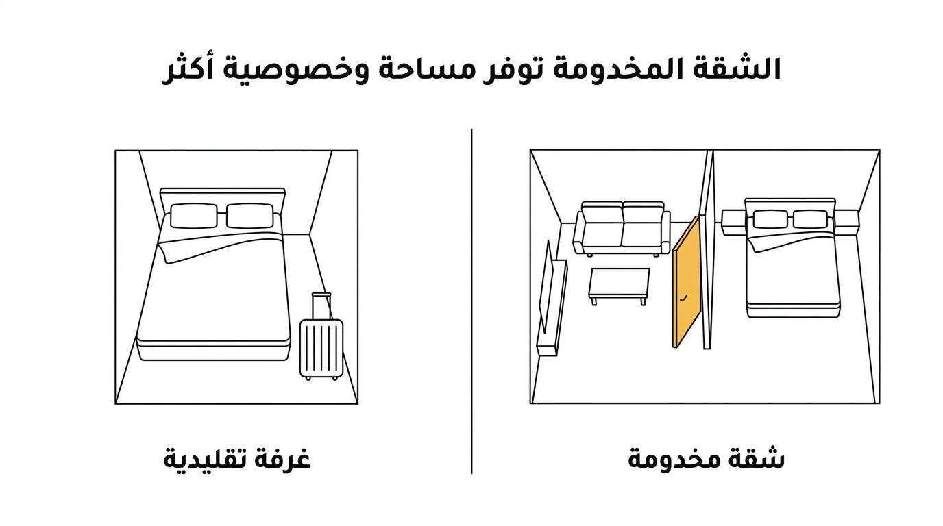مقارنة جانبية بين غرفة فندقية تقليدية وشقة فندقية مخدومة تُظهر فرق المساحة والخصوصية.