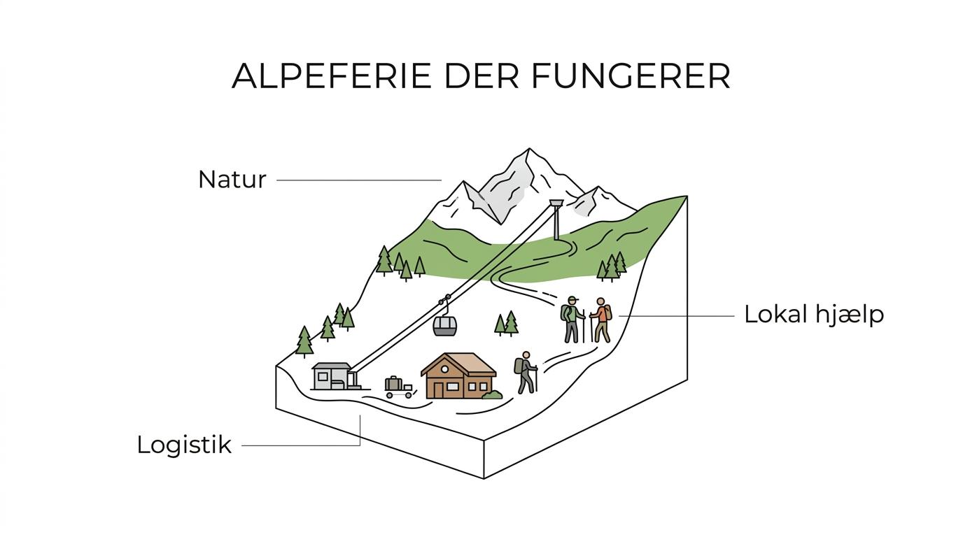 Diagram af en skræddersyet sommerferie i Mont Blanc med mærkede dele som ruter, lifter, overnatning, transfer, bagage og lokal guidehjælp.