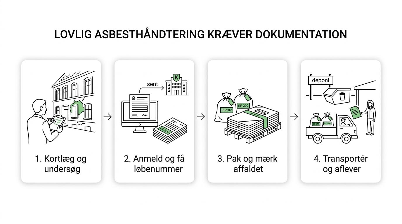 Proces over asbesthåndtering fra mistanke og forundersøgelse til anmeldelse, emballering, transport og deponi.