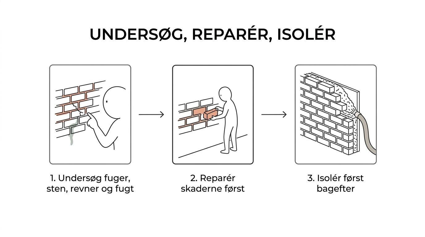 Flowdiagram, der viser vurdering af fuger, mursten, revner og fugt før reparation og først derefter hulmursisolering.