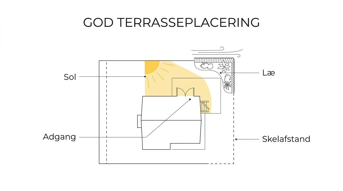 Top-down diagram of a parcel house with sun directions, wind side, sheltered terrace zones, access from the house, and setback to the boundary for a raised terrace.