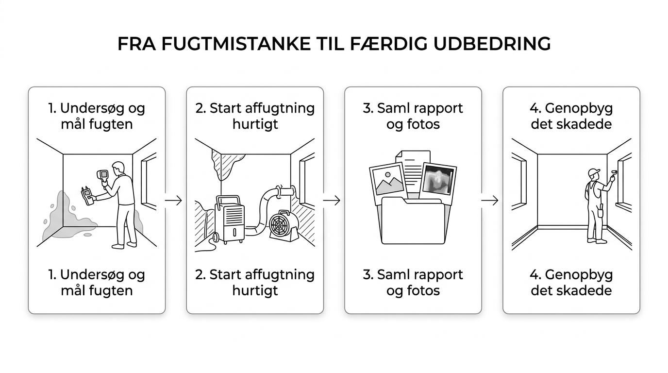 Flowdiagram over forløbet fra fugtmåling og lokalisering til affugtning, dokumentation og genopbygning.